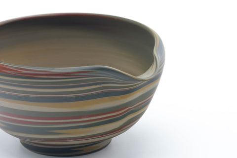 Tezumi — Japanese Katakuchi - Green Nerikomi Handleless Yuzamashi - 245ml — closeup of the glaze