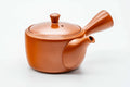 Classic red shudei Tokoname-yaki side-handle kyusu, three-quarter view with lid on and spout to the left
