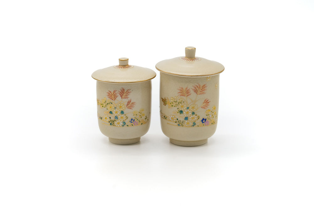 Japanese Teacups - Pair of Floral Kutani Meoto Yunomi