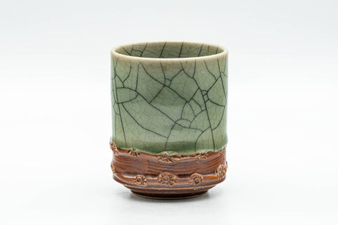 Japanese Teacup - Celadon Glazed Obori Soma-yaki Yunomi - 100ml - front view showing the celadon glaze with crazing and floral decoration