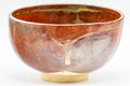 Japanese Matcha Bowl - Shiny Red and Yellow Drip-Glazed Wan-nari Chawan - 250ml - front view showing the yellow drip glaze