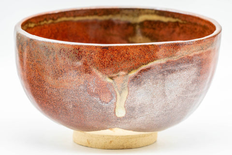 Japanese Matcha Bowl - Shiny Red and Yellow Drip-Glazed Wan-nari Chawan - 250ml - front view showing the yellow drip glaze