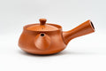 Japanese Tea Set - Long Grass Engraved Tokoname-yaki Debeso Kyusu Teapot with 5 Yunomi Teacups - side view of the teapot with the side handle