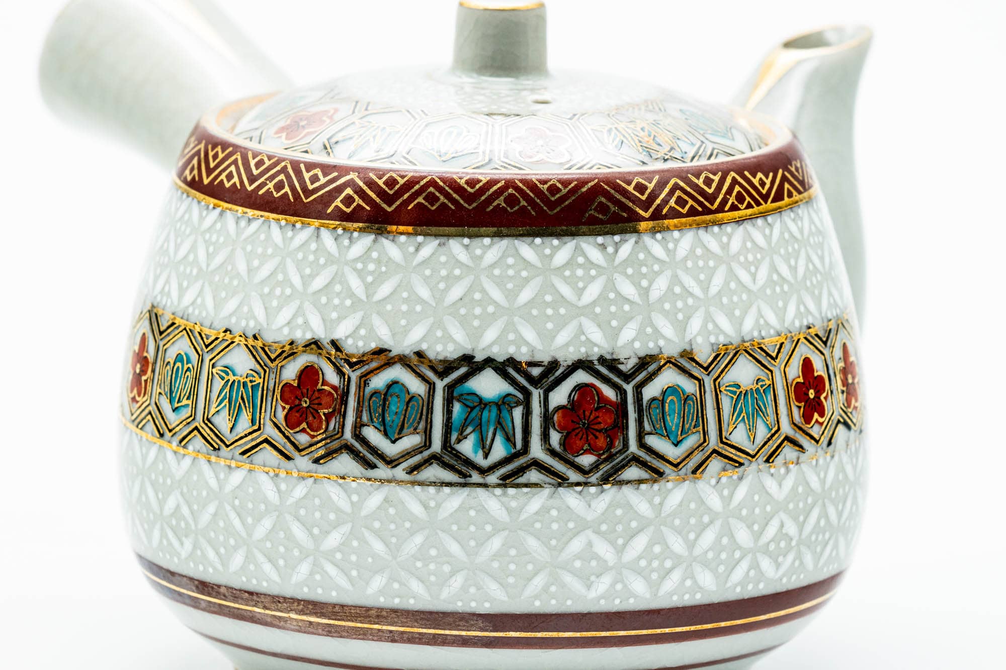 Japanese Tea Set - Gold White Floral Geometric Kutani-yaki Kyusu Teapot with 4 Yunomi Teacups