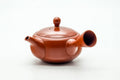 Japanese Kyusu - Classic Red Shudei Tokoname-yaki Mesh Teapot - 200ml - three-quarter view from the spout side showing the domed lid