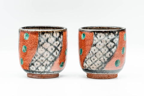 Japanese Teacups - Pair of Checked Green Dotted Yunomi - 130ml
