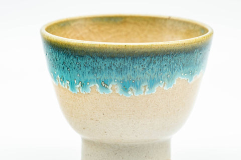 Tezumi — Japanese Teacup - Small Turquoise Drip-Glazed Agano-yaki Guinomi - 40ml — tipped to show the interior