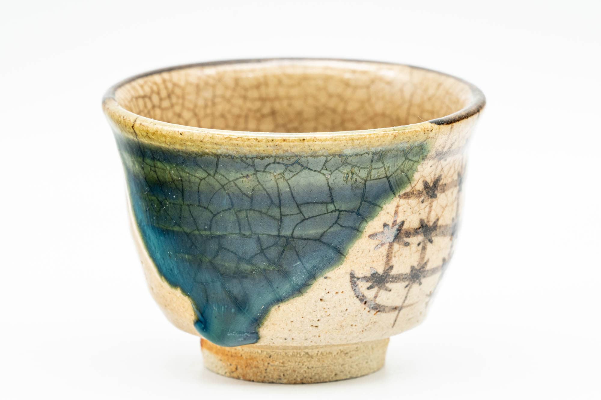 Japanese Teacup - Floral Geometric Green Drip-Glazed Oribe-yaki Guinomi - 50ml