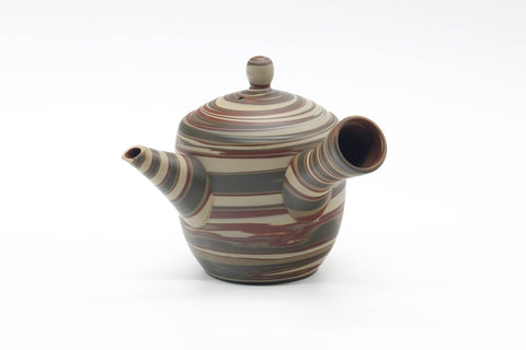 Tezumi — Japanese Kyusu - Green Red White Nerikomi Tokoname Teapot - 310ml — three-quarter view from the opposite side