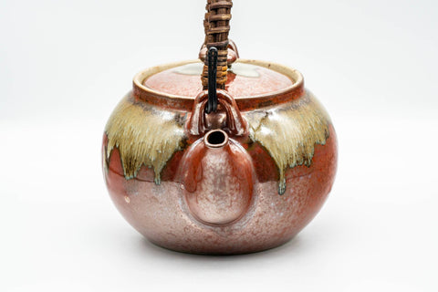 Japanese Tea Set - Red Drip-Glazed Agano-yaki Dobin Teapot and 4 Yunomi Teacups - teapot front view with handle lowered