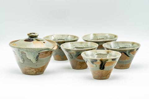 Japanese Tea Set - Hare's Fur Drip-Glazed Akogi-yaki Shiboridashi Teapot with 5 Guinomi Teacups - the teapot with the five teacups arranged behind it