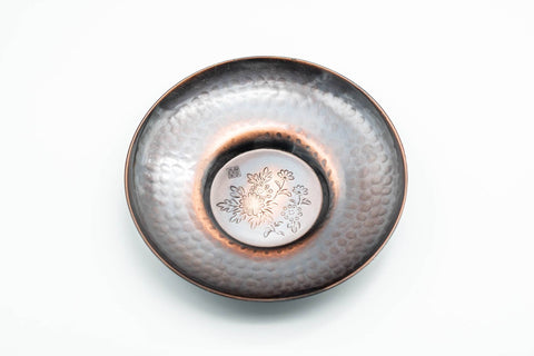 Japanese Chataku - Set of 5 Hammered Copper Uniquely Engraved Tea Saucers with Chasaji Tea Scoop in Wooden Box