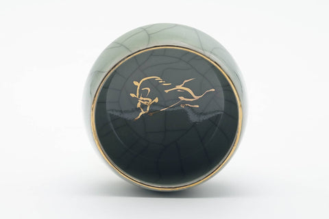 Japanese Teacup - Green Celadon Glazed Golden Horse Obori Soma-yaki Yunomi - 100ml