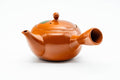 Japanese Kyusu - Floral Red Shudei Tokoname-yaki Mesh Basket Teapot - 280ml - side profile with the spout to the left showing the floral decoration