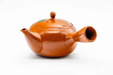 Japanese Kyusu - Floral Red Shudei Tokoname-yaki Mesh Basket Teapot - 280ml - side profile with the spout to the left showing the floral decoration