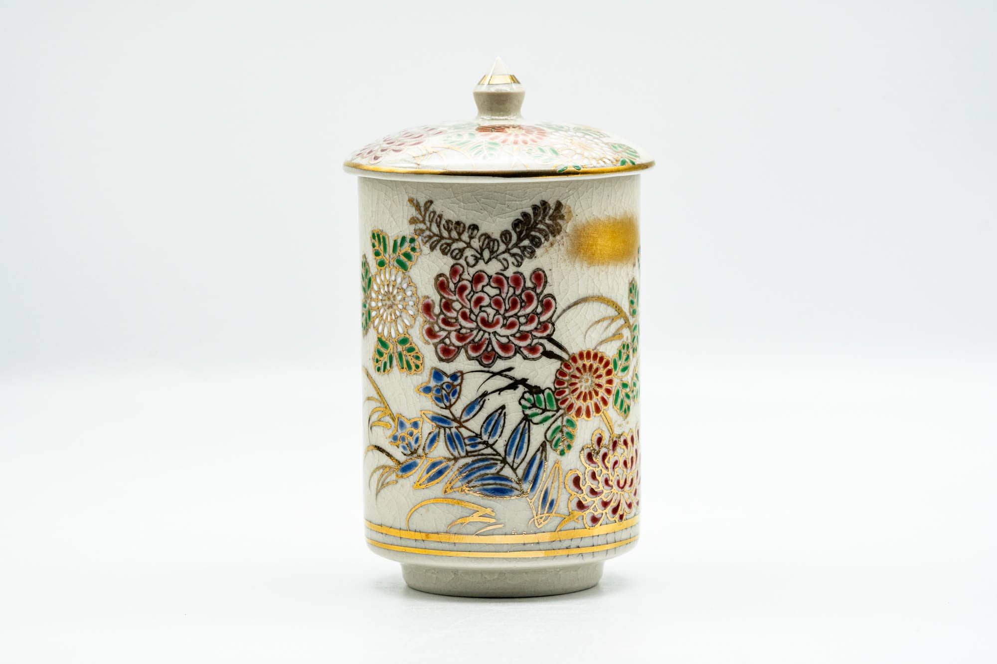 Japanese Teacup - Beige Gold Floral Kutani-yaki Lidded Yunomi - 180ml
