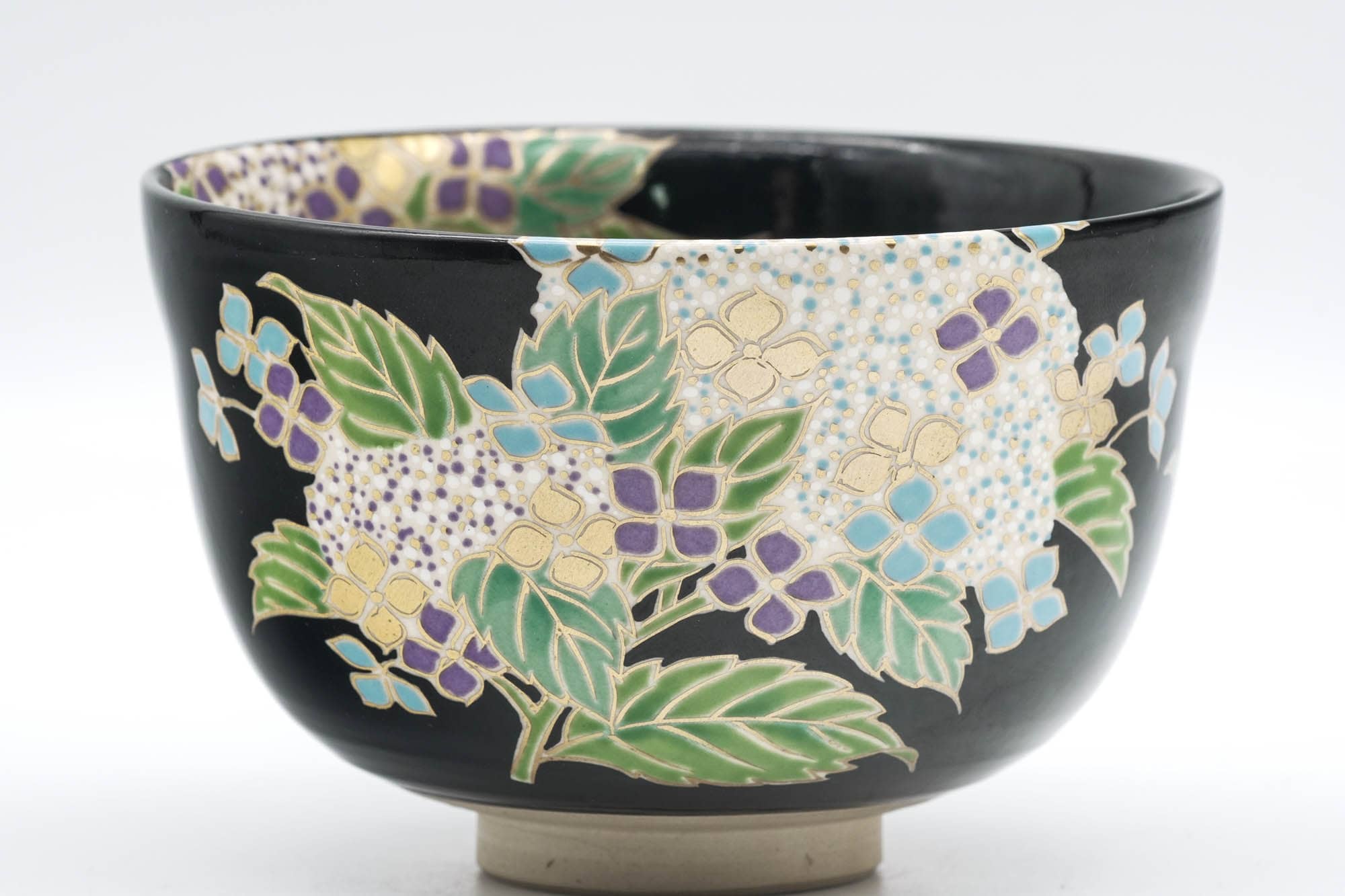 Japanese Matcha Bowl - Black Colourful Floral Kyo-yaki Chawan - 250ml