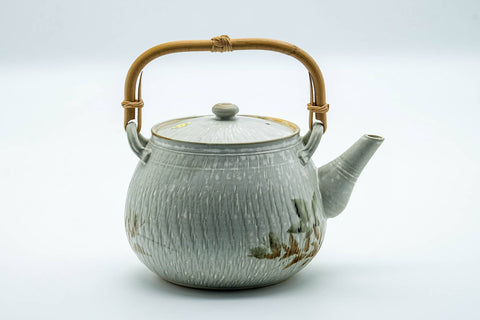 Tezumi — Japanese Tea Set - Beige Speckled Floral Kiyomizu-yaki Dobin Teapot with 5 Yunomi Teacups — interior of the teapot showing the filter