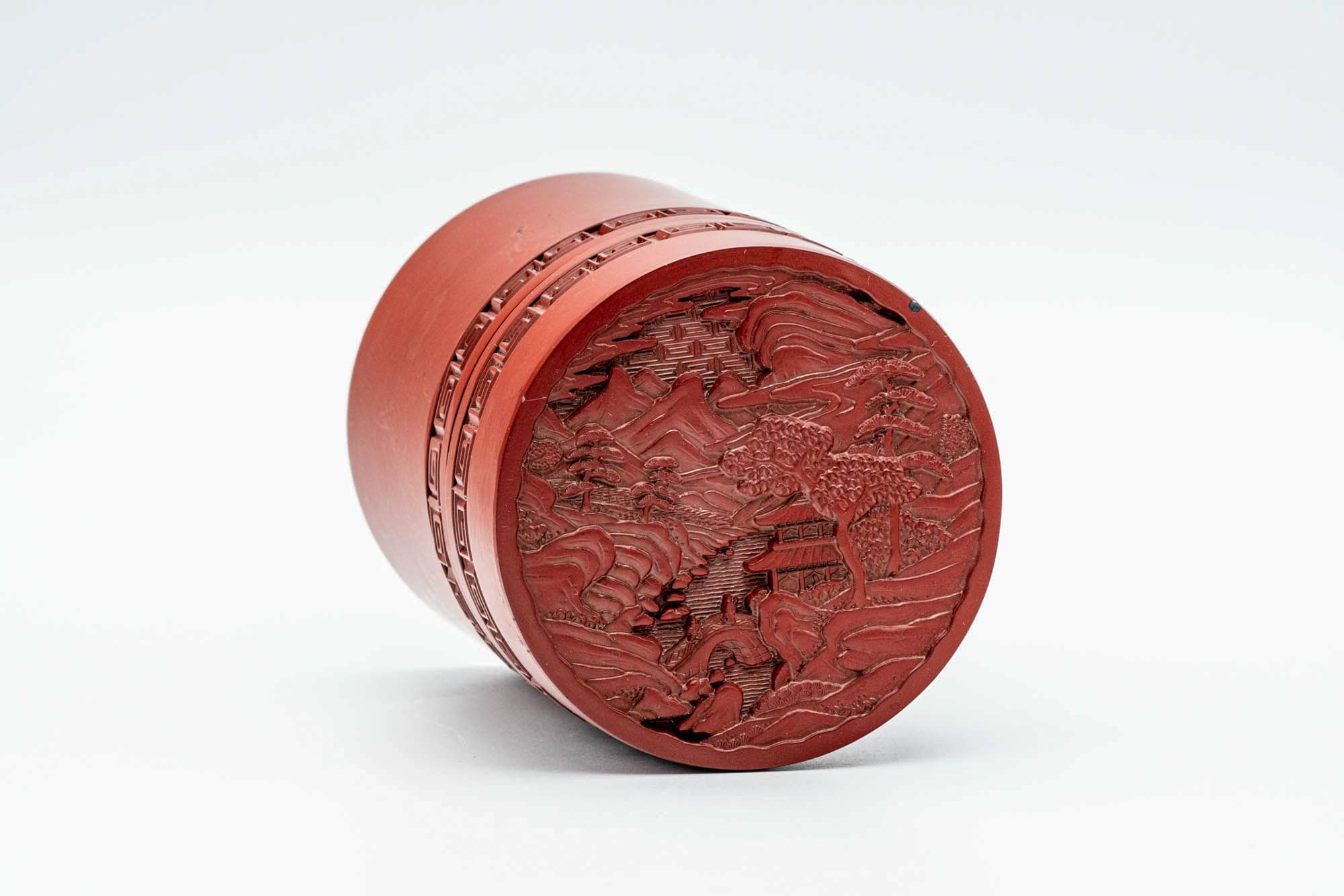 Japanese Chazutsu - Village Landscape Engraved Red Lacquer Tea Canister - 300ml