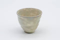 Gohonte Rokurome Mino-yaki yunomi teacup, speckled beige glaze with throwing rings - side view of the tapered body