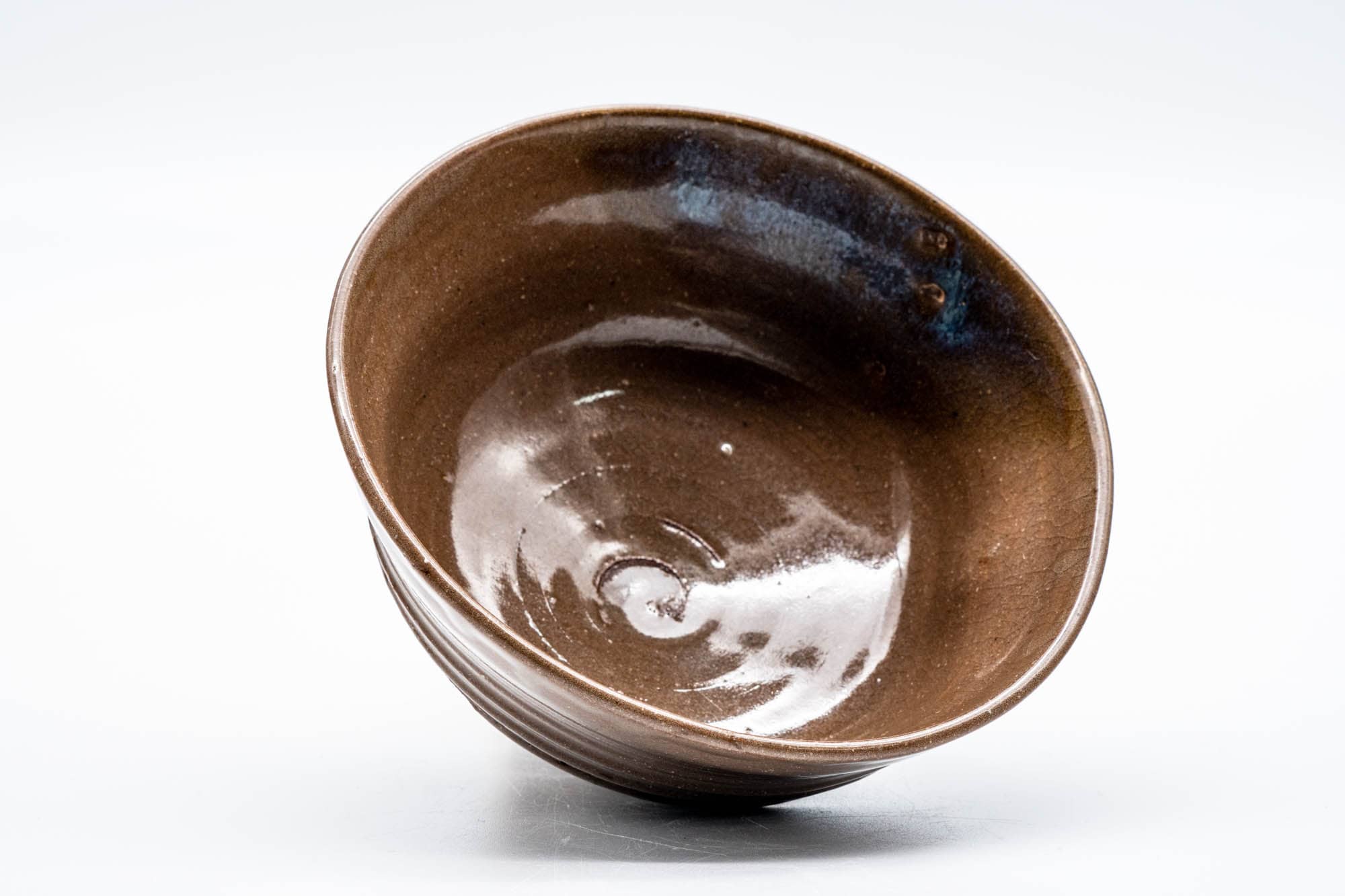 Japanese Matcha Bowl - Brown Glazed Thumb-Indented Ribbed Chawan - 150ml