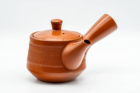 Tezumi — Japanese Kyusu - Red Shudei Tochiri Tokoname-yaki Mesh Teapot - 260ml — three-quarter view