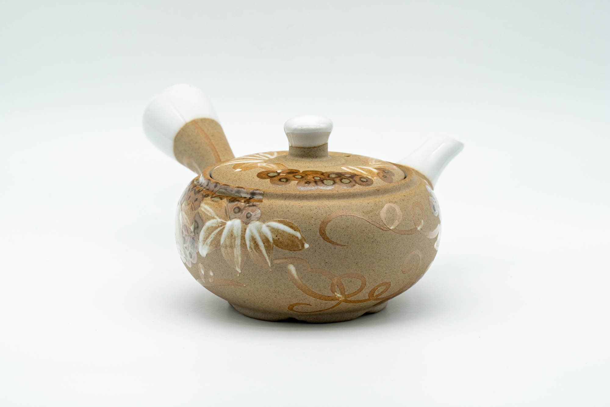 Japanese Kyusu - Floral Beige Glazed Porcelain Teapot - 300ml - Tezumi
