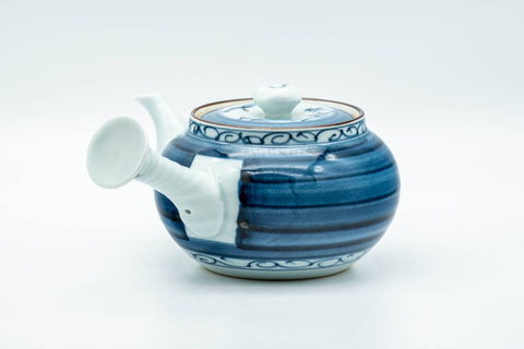 Tezumi — Japanese Kyusu - Blue Striped Village Arita-yaki Debeso Teapot - 300ml — side view showing the spout
