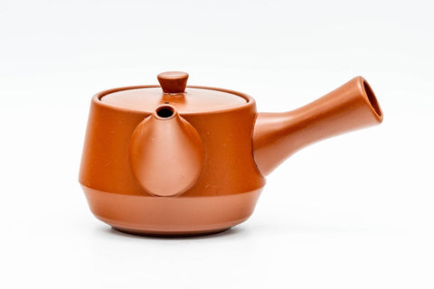 Side view of the teapot with the hollow side handle to the right and spout to the left.