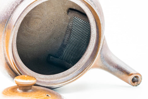 Japanese Kyusu - Ash Glazed Banko-yaki Mesh Teapot - 230ml - closeup of the dark-glazed interior with the lid off, showing the mouth and spout filter