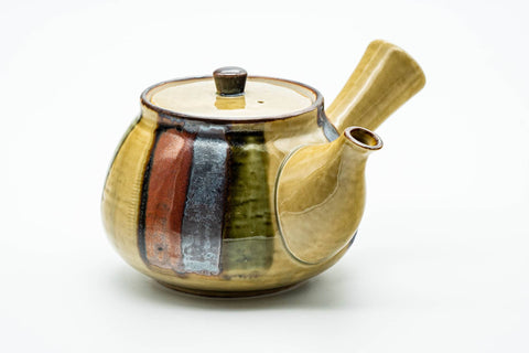 Japanese Kyusu - Beige Colourfully Striped Ceramic Filter Teapot - 400ml - front view, lid on, spout pointing left