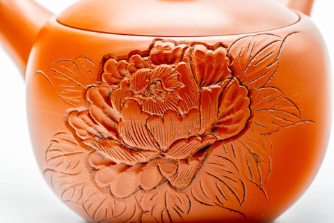 Japanese Tea Set - Camellia Engraved Shudei Tokoname-yaki Kyusu Teapot with 5 Yunomi Teacups