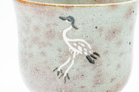 Japanese Matcha Bowl - Standing Crane Grey Pink Gohonte Glazed Winter Chawan with Tomobako Wooden Box - 450ml - wide view showing the crane decoration wrapping the bowl