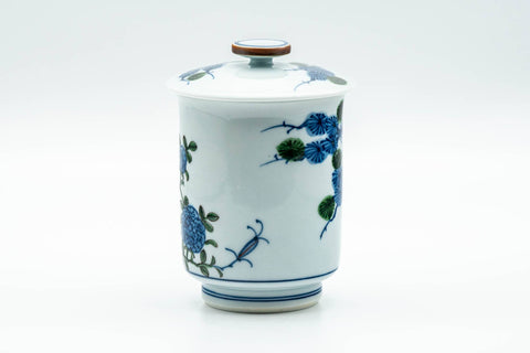 Japanese Teacup - Blue Bird Floral Arita-yaki Lidded Yunomi - 160ml - front view of the lidded cup from another angle