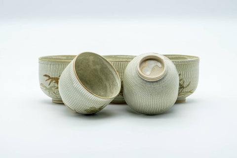 Tezumi — Japanese Tea Set - Beige Speckled Floral Kiyomizu-yaki Dobin Teapot with 5 Yunomi Teacups — additional view