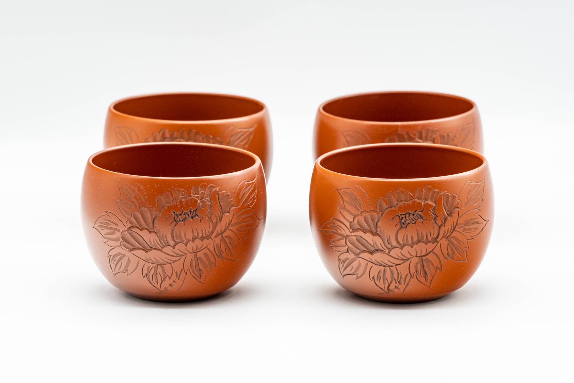 Japanese Teacups - Set of 4 Floral Engraved Tokoname-yaki Yunomi - 110ml