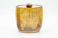 Amber-brown drip-glazed water jar (mizusashi), front view, cylindrical form with fitted lid.