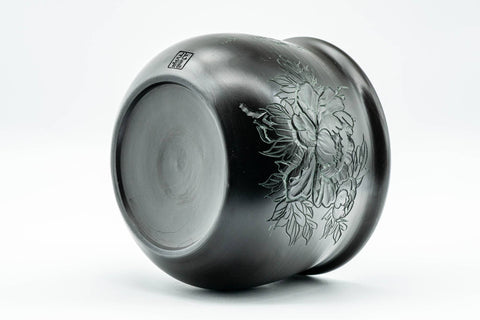 Japanese Kensui - 北龍 Hokuryu - Green Camellia Engraved Black Kokudei Tokoname-yaki Water Bowl - 600ml