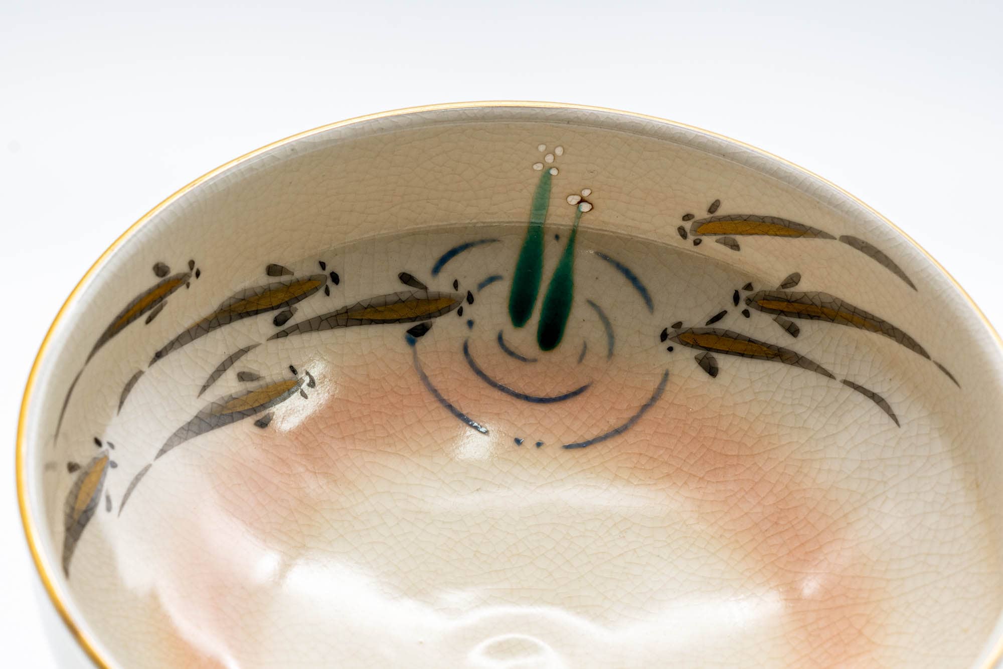 Japanese Matcha Bowl - Beige Gold Floral Kyo-yaki Hira-gata Chawan - 200ml