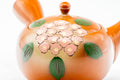 Japanese Kyusu - Floral Red Shudei Tokoname-yaki Mesh Basket Teapot - 280ml - side view showing the painted floral decoration on the body