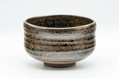 Japanese Matcha Bowl - Brown and Yellow Glazed Waisted Chawan - 450ml - side view showing the waisted spiral ridges