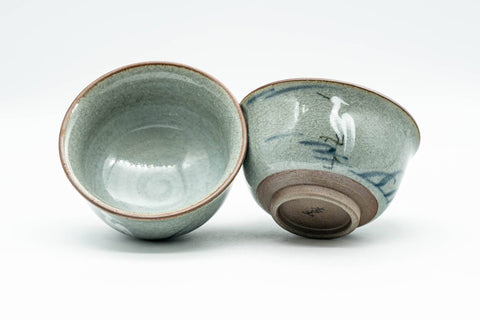 Japanese Teacups - Pair of 杏土窯 Egret Snowflake Celadon Glazed Yunomi - 90ml