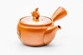 Red shudei Tokoname kyusu, raised three-quarter view showing the coiled-snake lid knob and handle