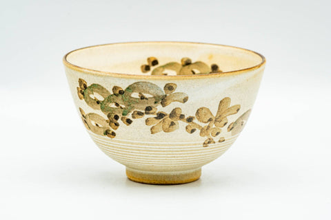 Japanese Teacup - Matte Beige Floral Kiyomizu-yaki Yunomi - 140ml - front view, cup upright with floral sprig motif