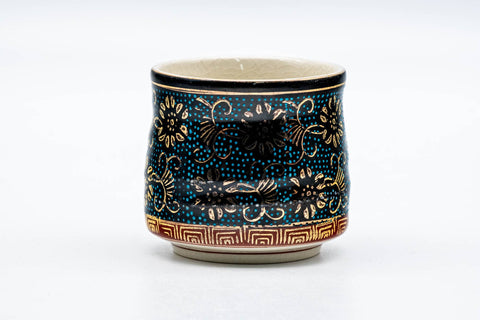 Japanese Teacup - Aochiba Blue Gold Floral Kutani-yaki Yunomi - 170ml