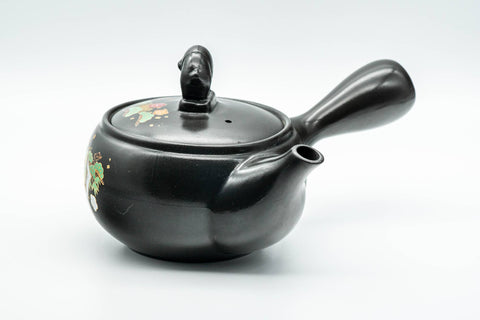 Japanese Kyusu - Year of the Pig Black Kurodei Tokoname-yaki Teapot - 360ml - front three-quarter view showing the side handle