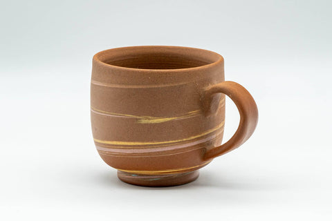 Japanese Teacup - Beige Blue Nerikomi Rear-handled Yunomi - 180ml - three-quarter view showing the marbled clay