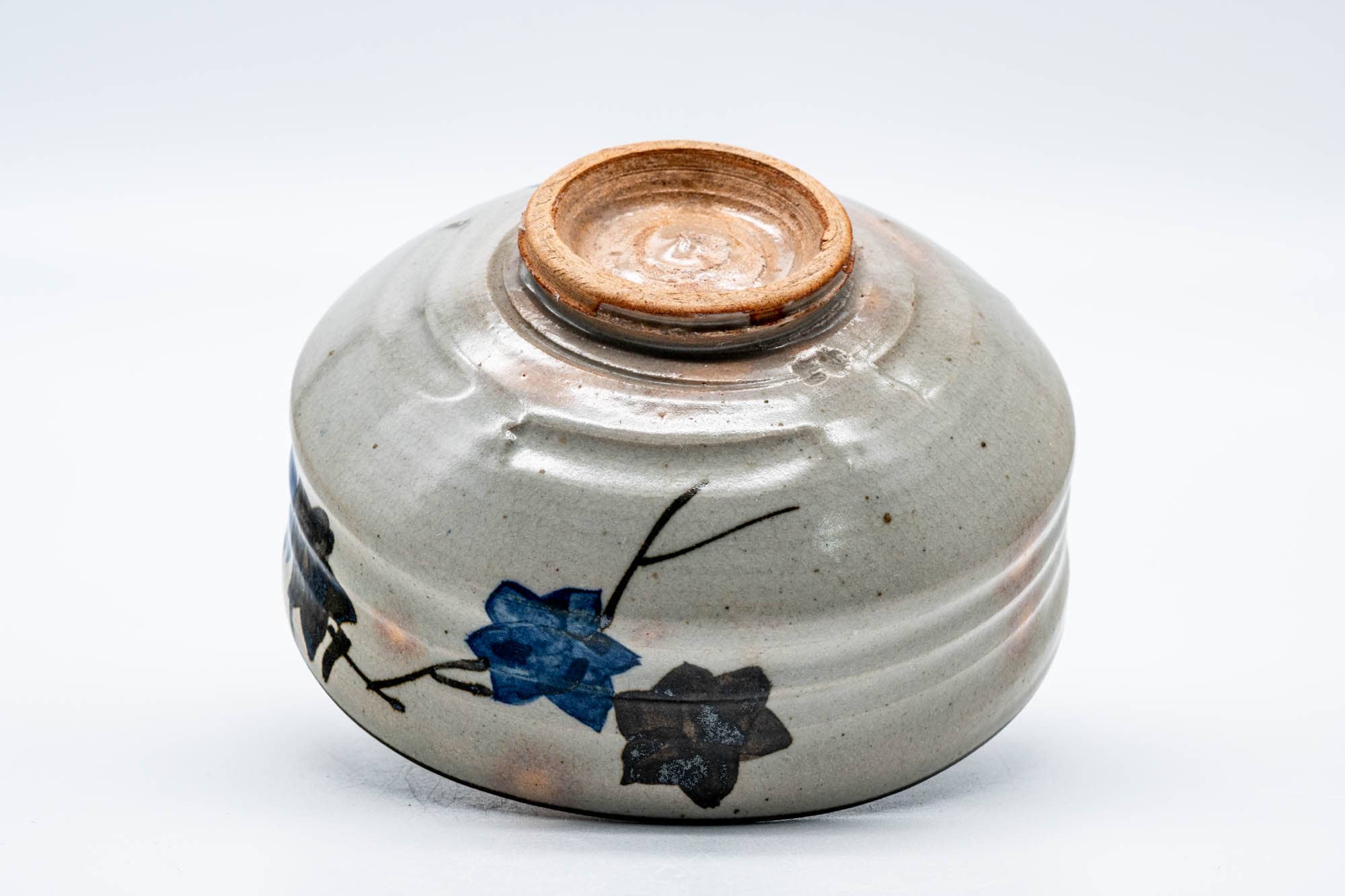 Japanese Matcha Bowl - Blue Floral Gohonte Grey Glazed Kyo-yaki Chawan - 300ml