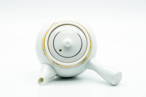 Japanese Kyusu - White Porcelain Gold Trim Arita-yaki Debeso Teapot - 140ml - top view with the lid in place