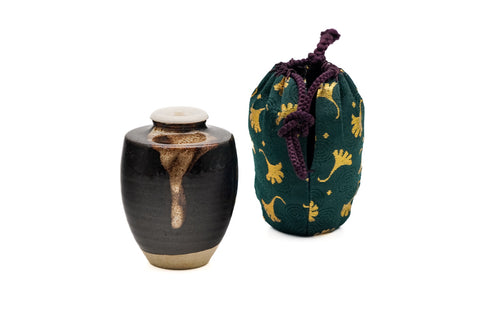 Japanese Chaire - Kyo-yaki Matcha Tea Caddy with Teal Silk Shifuku